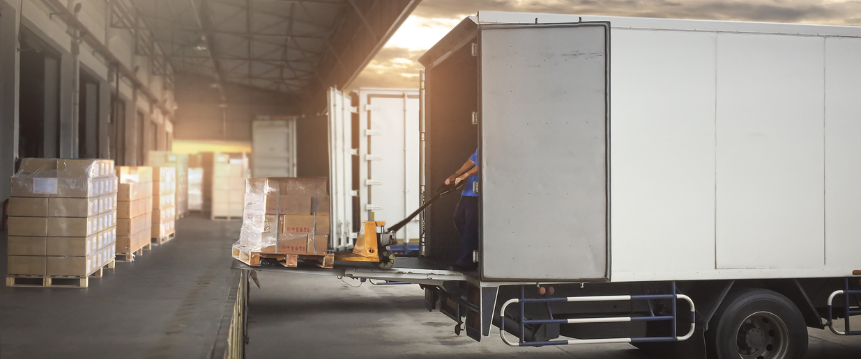 Package Boxes on Pallets Loading into Cargo Container. Trucks Parked Loading at Dock Warehouse. Delivery Service. Shipping Warehouse Logistics. Road Freight Truck Transportation.