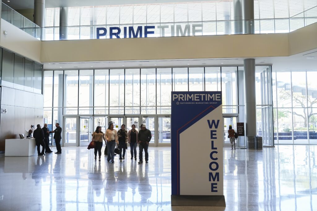 Entryway of a convention center with signage