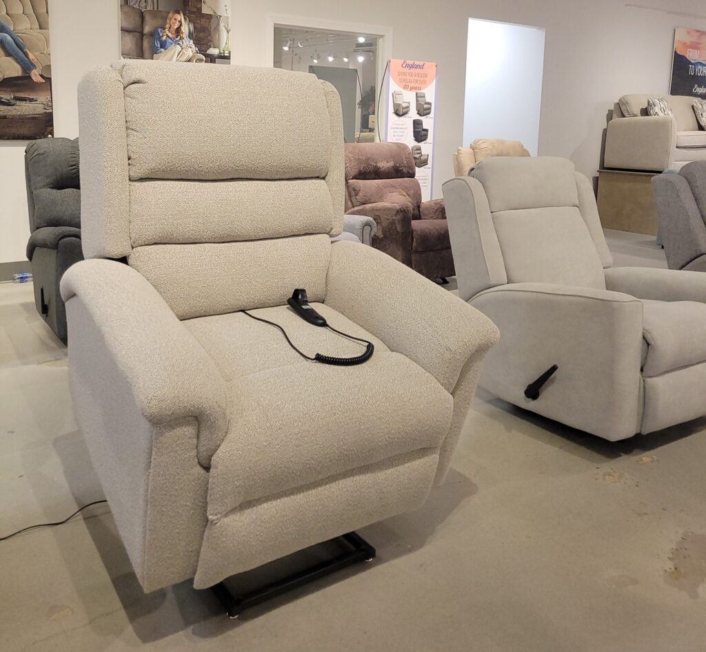 Beige lift chair in a showroom