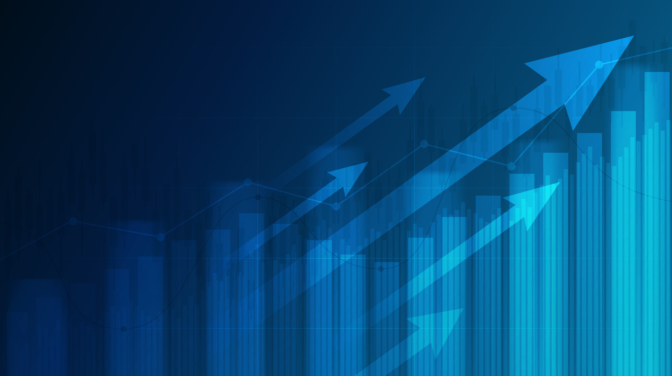 Abstract financial graph with uptrend line and arrows in stock market on blue colour background