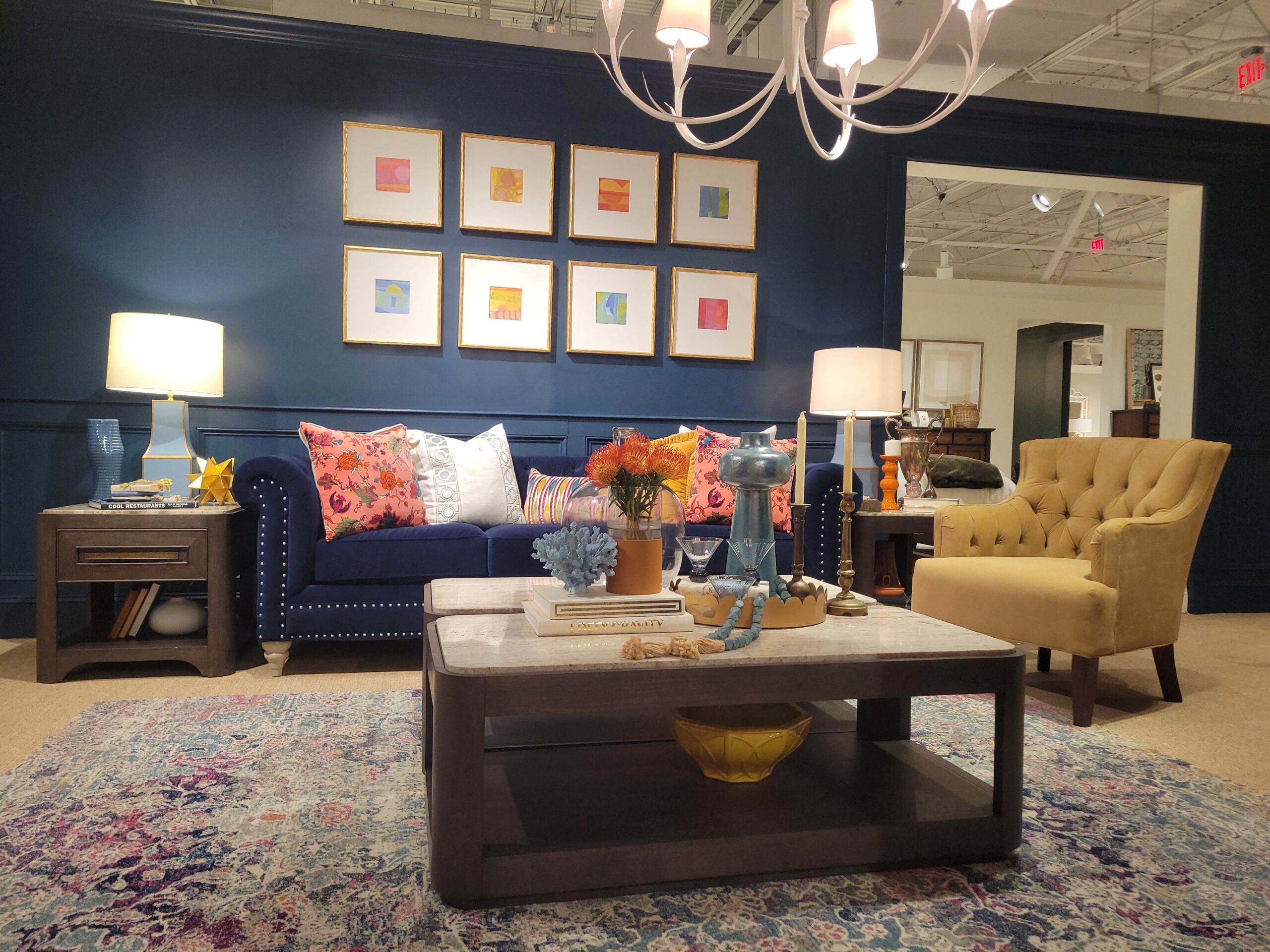 Living room display in a showroom dopamine decor