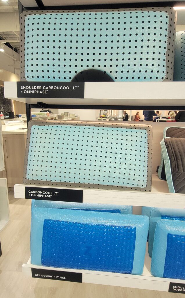 cooling pillows on display in a showroom