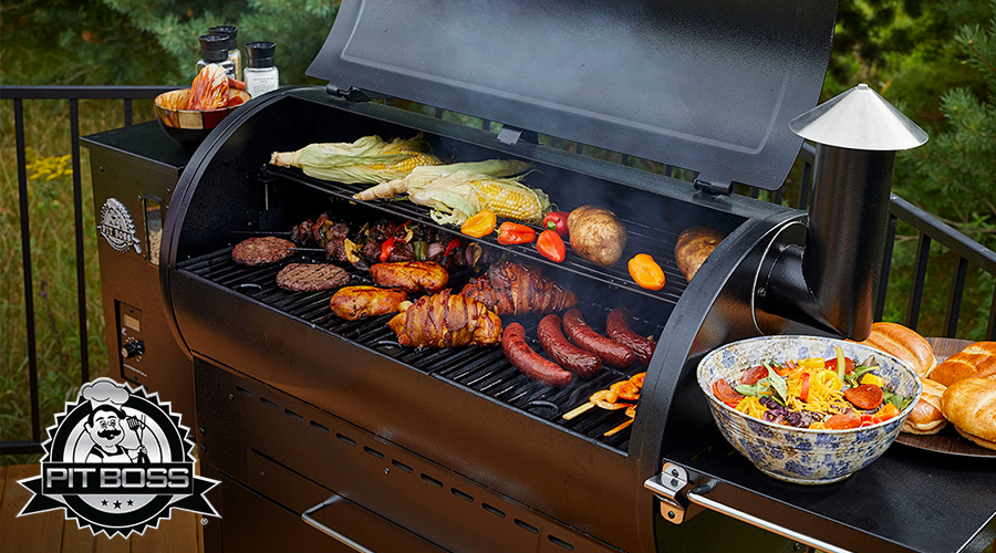 Pit Boss grill with various foods grilling
